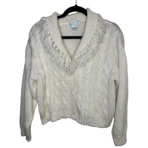 Jamie Scott Knitted By Hand Ramie Cream Fringe Buttoned Cardigan‎ Medium Flaw